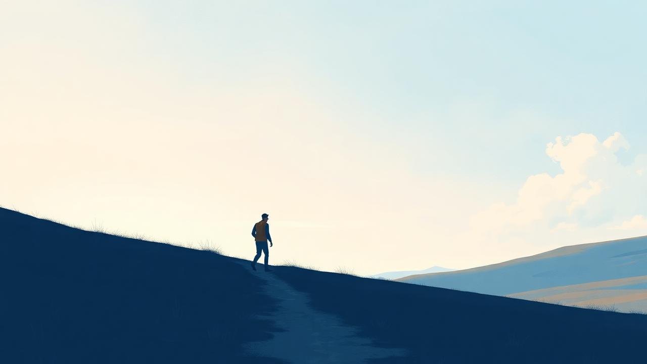 A lone walker climbing a clear path through open hills toward the horizon.