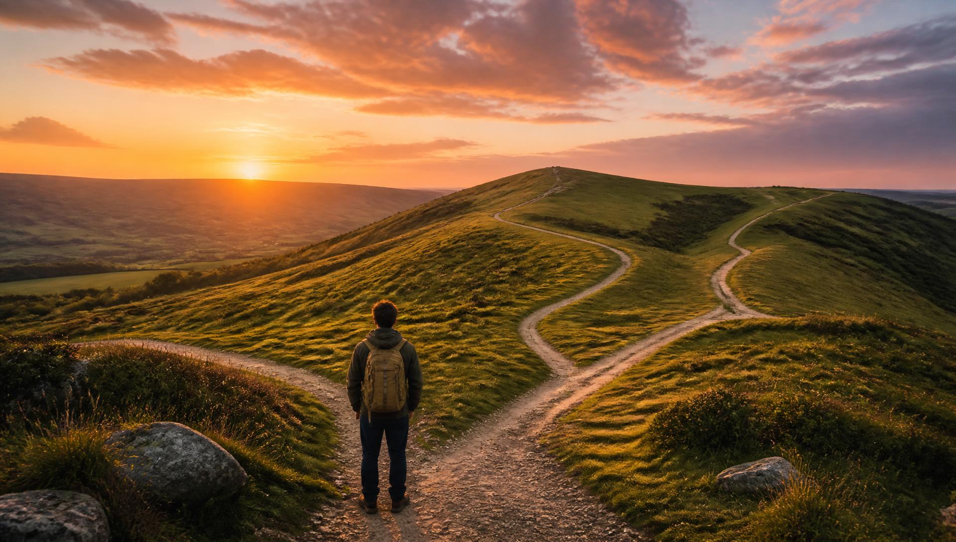A lone hiker with a backpack stands at the foot of green rolling hills, where two meandering paths diverge, as the sun sets over the countryside — a metaphor for choosing the direction of one's life.